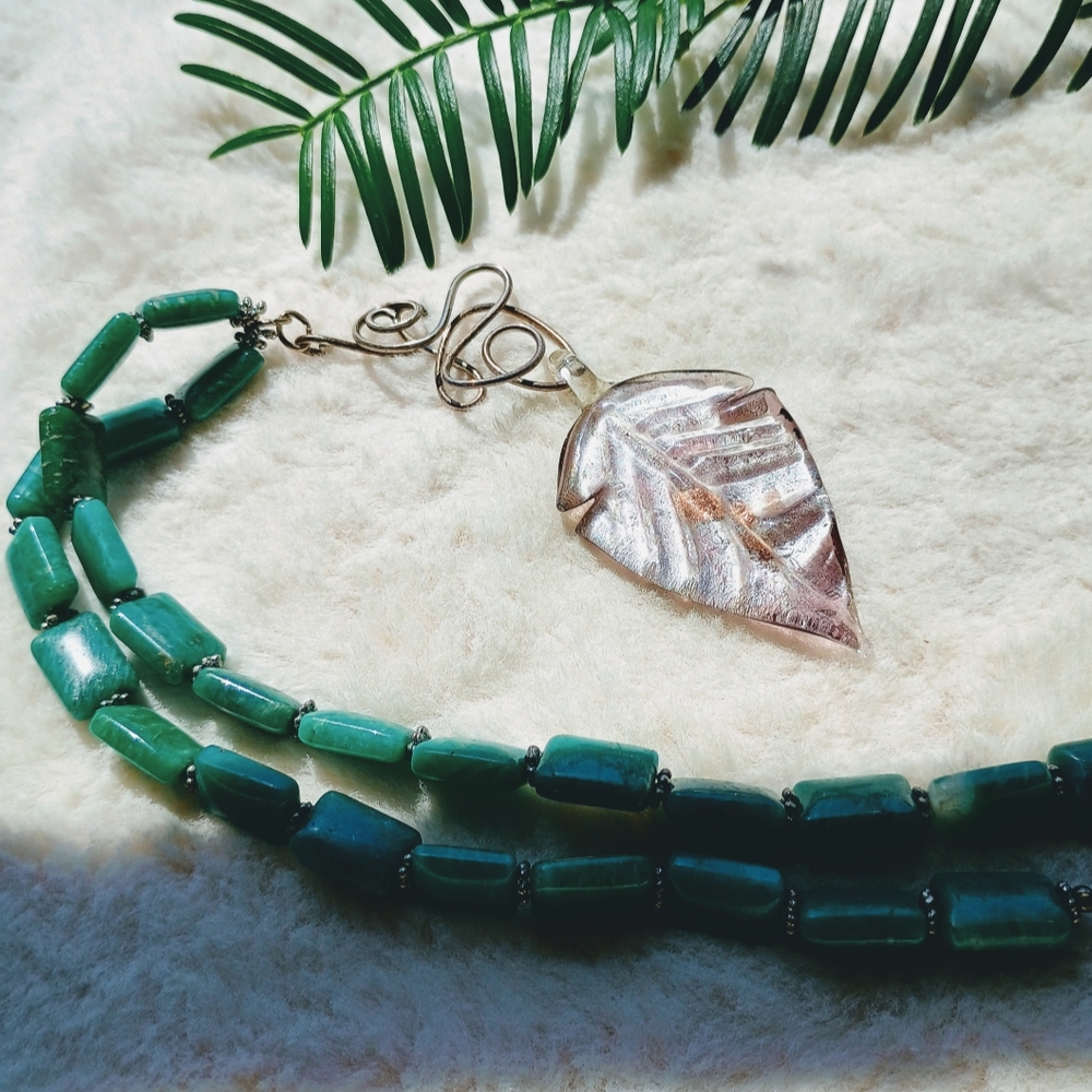 Vintage Gemstone & Sterling Silver Necklace With Large Lamp Work Leaf Pendant
